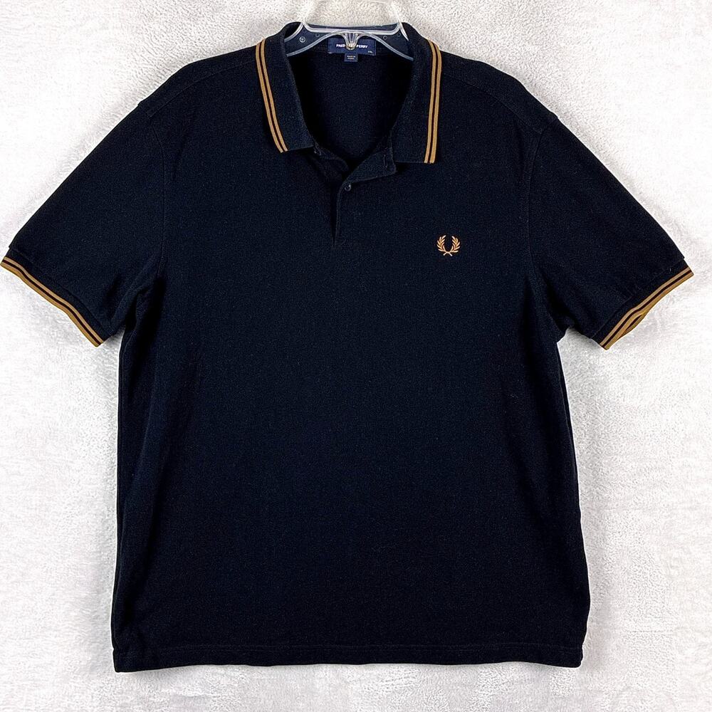 Fred Perry Polo Shirt Mens XXL Black Gold Twin Tipped Preppy Pique Classic Golf